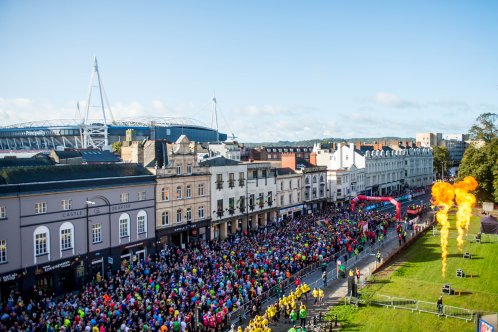 Aerial shot of cardiff half marathon runners