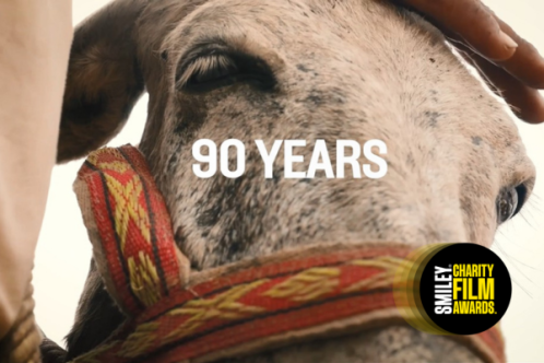 A donkey being patted on the head with the text '90 years' across it