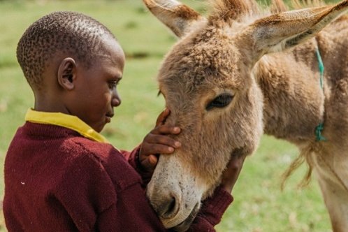 School pupil caring for donkey